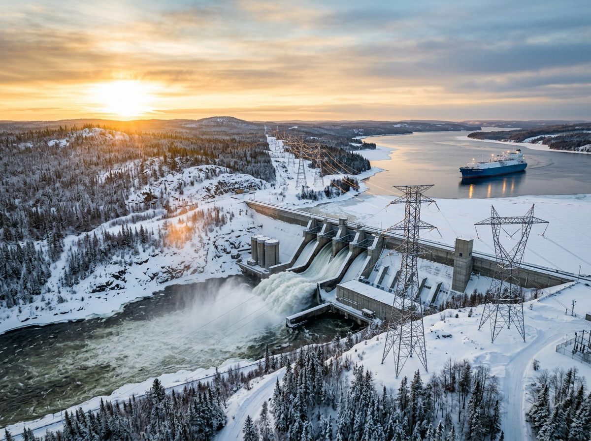Barrage hydroélectrique québécois et lignes de transport sous la neige au lever du soleil
