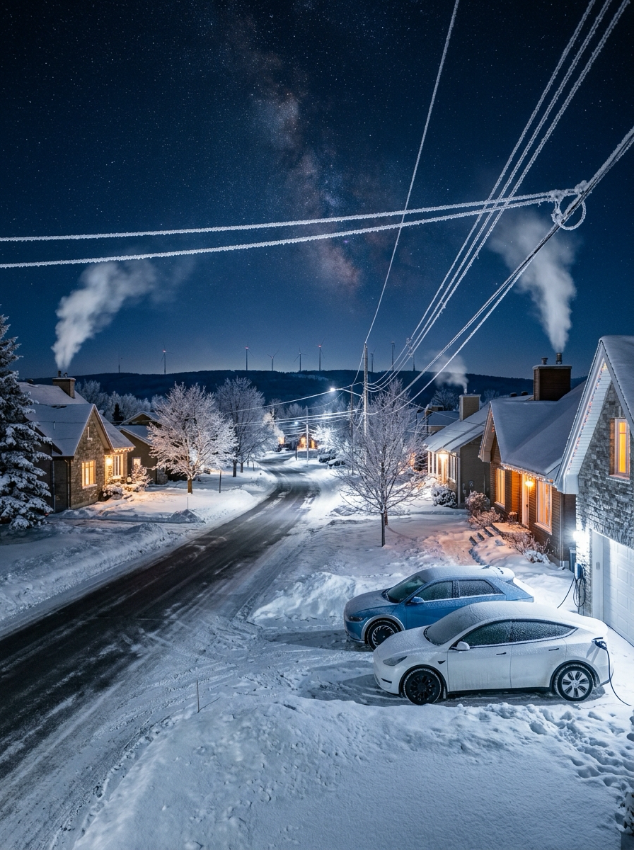 Rue résidentielle québécoise par une nuit de grand froid à −30 °C avec voitures électriques branchées