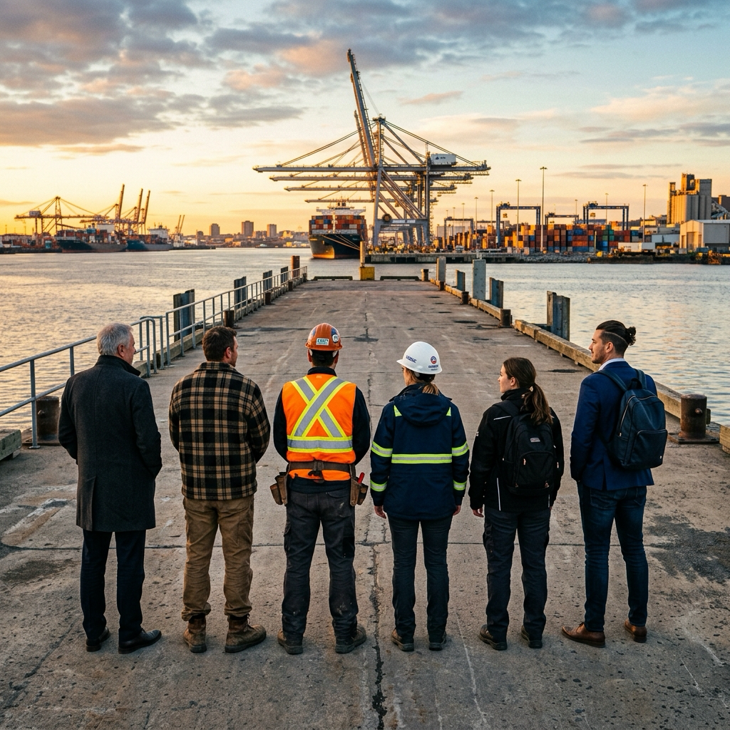 Groupe de Prospecteurs québécois réunis devant le port au lever du jour