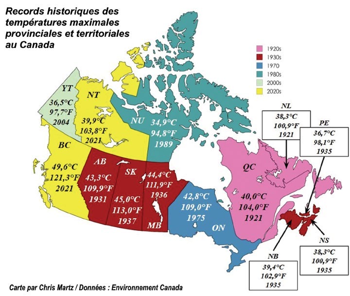 Carte du Canada avec le record de chaleur de chaque province : Québec 40,0 °C en 1921, Alberta 43,3 °C en 1931, Saskatchewan 45,0 °C en 1937, Colombie-Britannique 49,6 °C en 2021