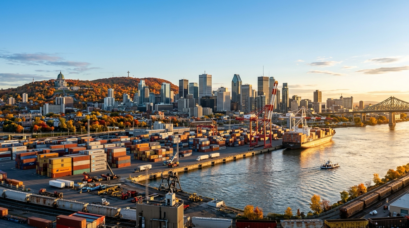 Vue panoramique de Montréal depuis le fleuve Saint-Laurent avec le port au premier plan