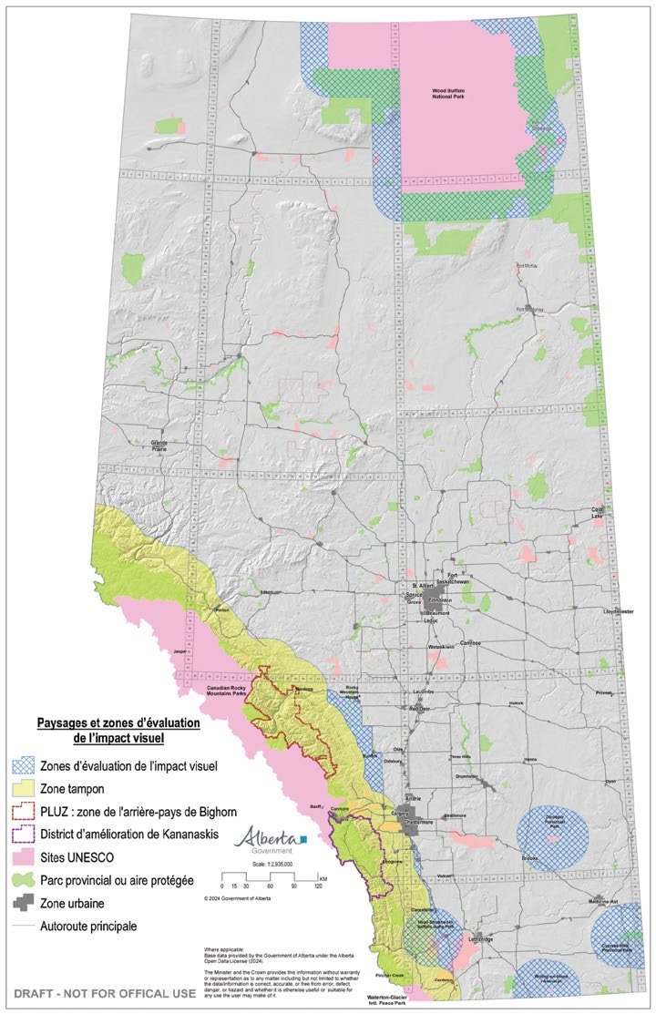 Carte de l’Alberta montrant les reculs, zones tampons et zones d’impact visuel proposés pour les projets d’énergie renouvelable